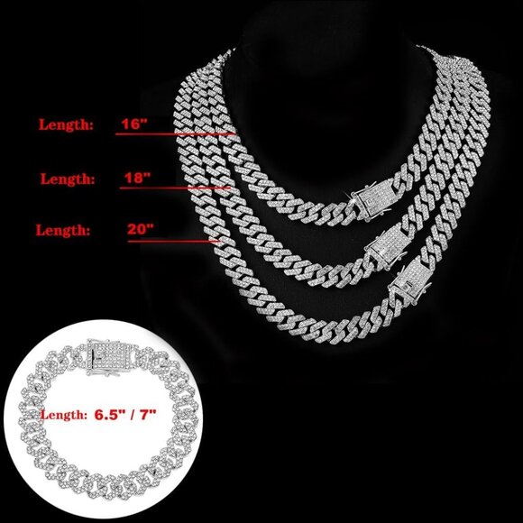 14k Gold/Silver Cuban Link Chain Set for Women Iced Out Diamond Bling Jewelry - Picture 4 of 7